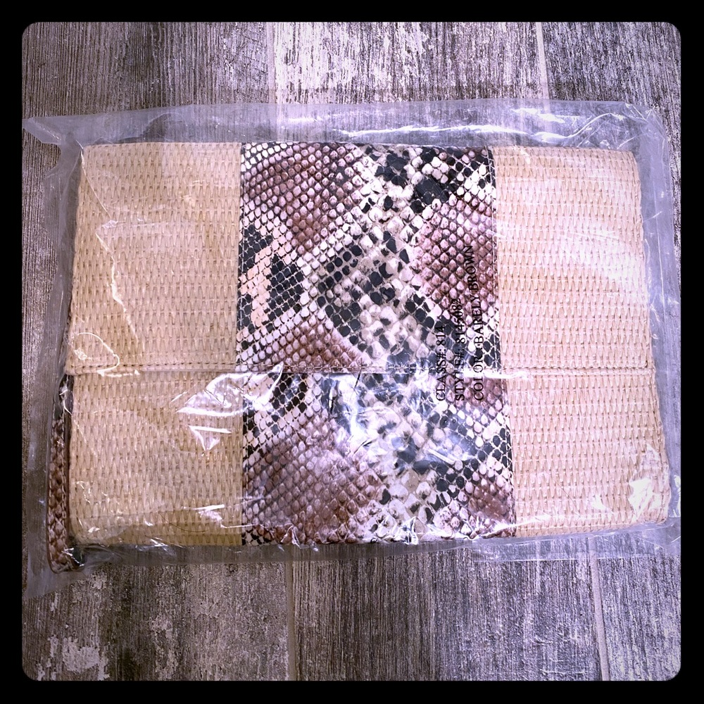 New York & Company Python Rattan Straw Clutch NWT